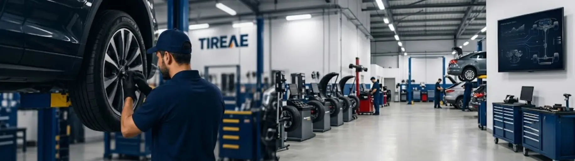 Tire.ae technician fitting a car tyre